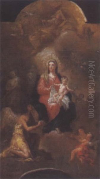 Maria Mit Dem Kind, Gottvater, Der Heiligen Geist-taube Und Englen, Bild Fur Ein Hausaltarchen Oder Entwurf Fur Ein Altargemalde Oil Painting by Jacob Schilcher