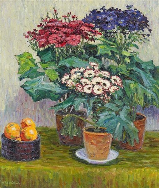 Stilleben Mit Topfblumen Und Apfeln Auf Einem Tisch Oil Painting by Bertha Schilling