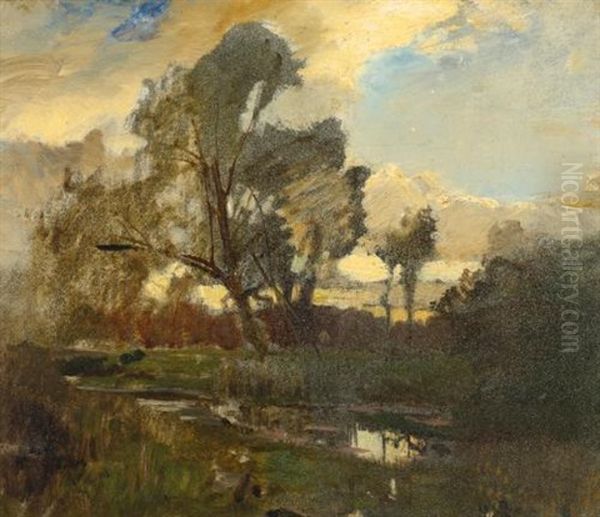 Scene From The Prater And Ducks In A River By A Farmhouse (2 Works) Oil Painting by Emil Jacob Schindler
