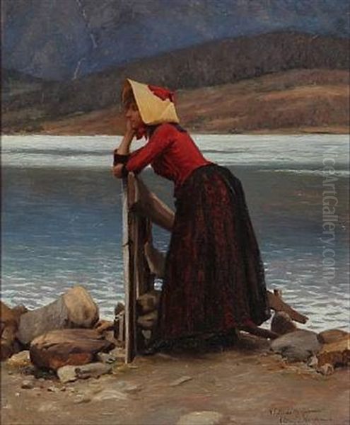 Norwegian Girl From Hardanger Oil Painting by Niels Frederik Schiottz-Jensen