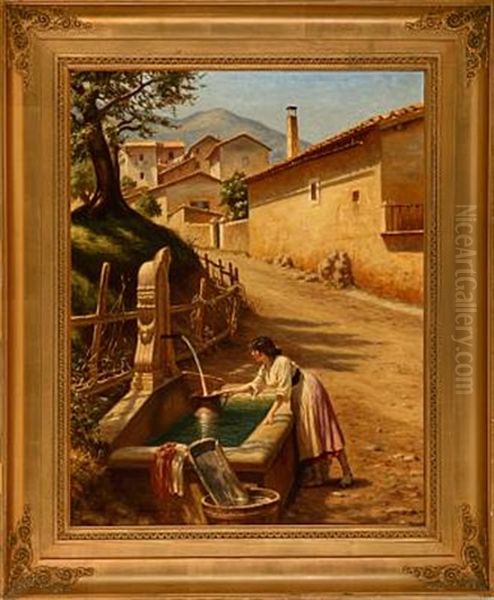 Italian Street Scene Oil Painting by Niels Frederik Schiottz-Jensen