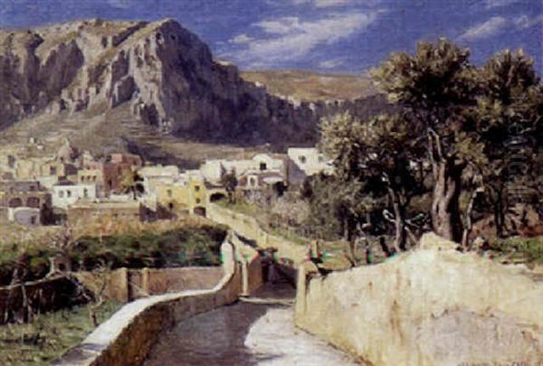 Parti Fra Capri Med Den Stejle Vej Op Til Kejser Tiberius' Villa Oil Painting by Niels Frederik Schiottz-Jensen