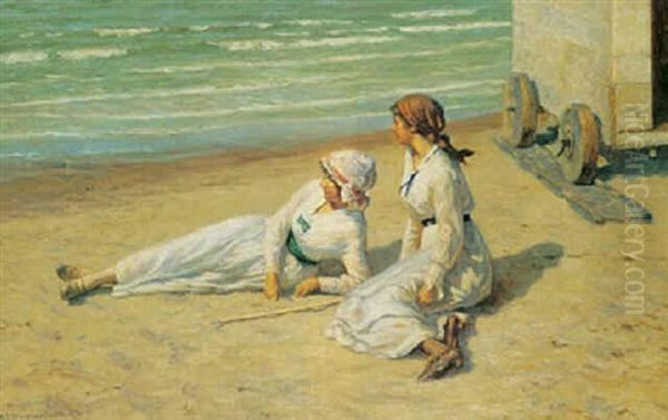 To Piger Pa Stranden Oil Painting by Niels Frederik Schiottz-Jensen