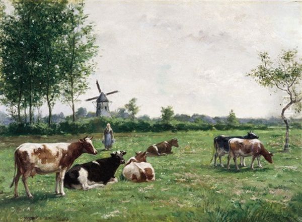 Landschap Met Koeien En Melkster Oil Painting by Piet Schipperus