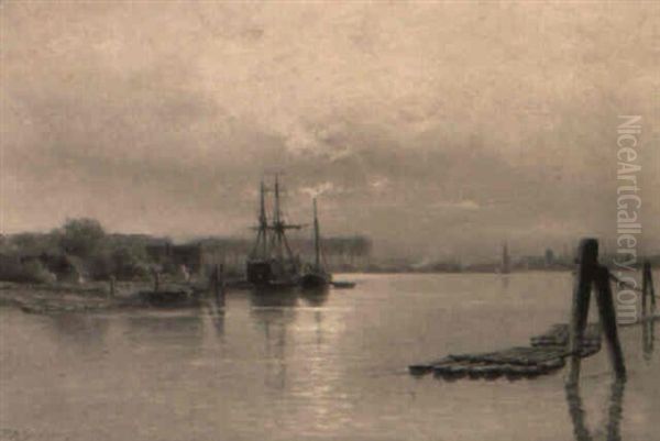 Shipping On An Estuary (rotterdam?) Oil Painting by Piet Schipperus