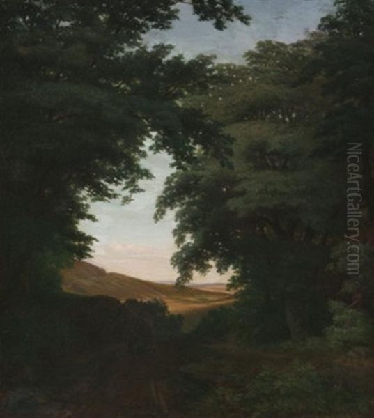 Blick Aus Dem Wald In Ein Weites Tal, Auf Dem Weg Eine Bauerin Mit Ihren Ziegen Oil Painting by Johann Wilhelm Schirmer