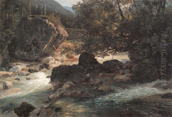 Mittelgebirgslandschaft Mit Einem Bach Oil Painting by Johann Wilhelm Schirmer