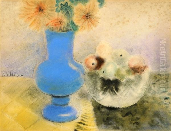 Vase Garni De Fleurs Et Coupe De Fruits Oil Painting by Ferdinand Schirren