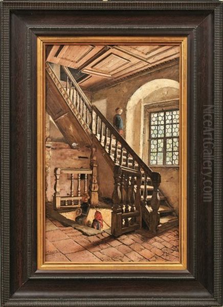 Treppenhaus In Einem Schloss Oil Painting by Adolf Schlabitz