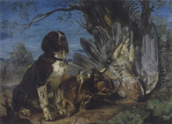 Jagdhund Und Erlegte Beutetiere In Einer Landschaft Oil Painting by Johann Georg Schlech