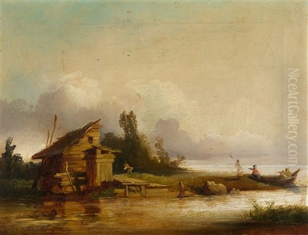 Kleine Fischerhutte Im Moor Oil Painting by Eduard Schleich the Younger