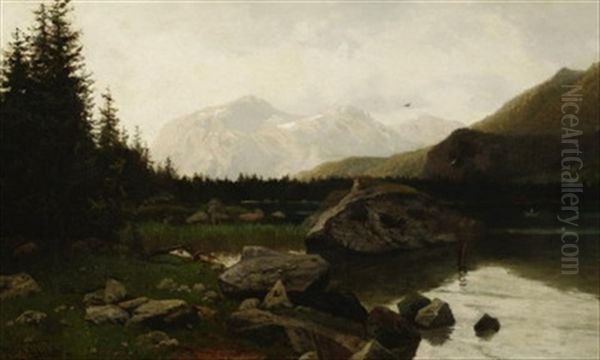 Abendfrieden. Stiller Bergsee Vor Alpenpanorama Oil Painting by Hans Schleich