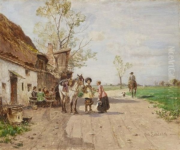 Rest In Front Of The Inn Oil Painting by Robert Schleich