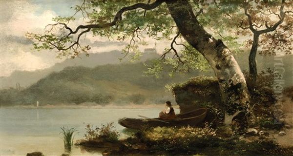 Dirndl Im Boot Am Seeufer Oil Painting by Robert Schleich