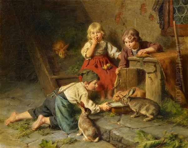 Three Children Feeding Rabbits Oil Painting by Felix Schlesinger
