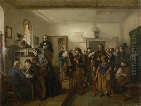 In Der Pas- Und Polizeistube Vor Der Emigration Nach Amerika, Hans Christian Andersen Und Sein Freund Collin Unter Den Auswanderern Oil Painting by Felix Schlesinger