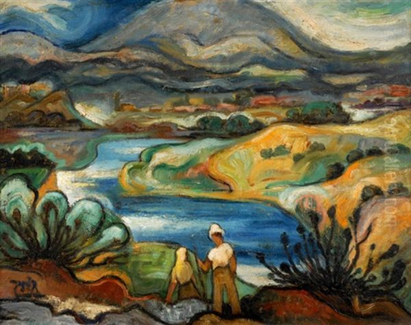 Figures In The Landscape Oil Painting by Shmuel Schlesinger