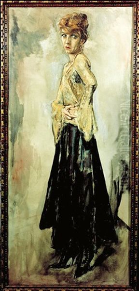 An Interior With A Dancing Master Playing A Pochette En Bateau With His Young Female Companion Playing The Duleimer Oil Painting by Rudolf Schlichter