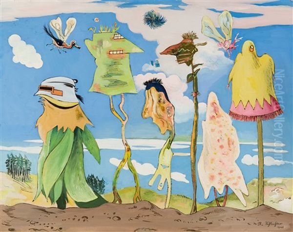 An Interior With A Dancing Master Playing A Pochette En Bateau With His Young Female Companion Playing The Duleimer Oil Painting by Rudolf Schlichter