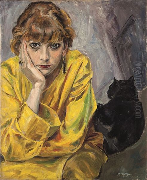 Donna Con Gatto Oil Painting by Rudolf Schlichter