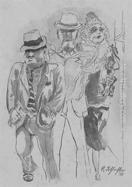 Strasenszene - Zwei Manner Und Eine Frau Oil Painting by Rudolf Schlichter