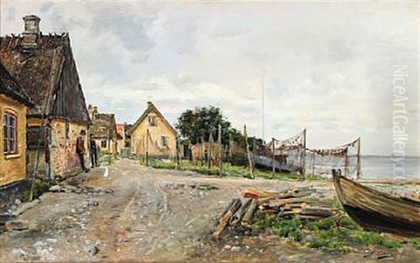 View From A Danish Fishing Village Oil Painting by Karl Peter August Schlichting-Carlsen
