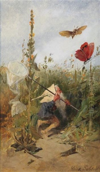 Pixies Chasing Butterflies And Smoking Upon A Toadstool Oil Painting by Heinrich Schlitt