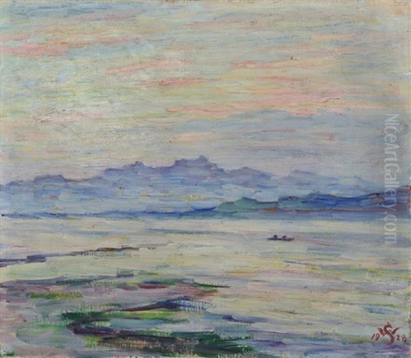 Blick Uber Den Abendlichen Bodensee, Die Alpen In Der Ferne Oil Painting by Willy Schlobach