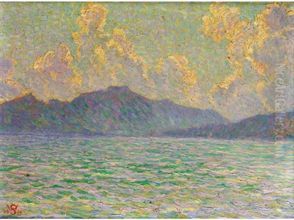 Blick Uber Den Bodensee Auf Die Alpen Oil Painting by Willy Schlobach