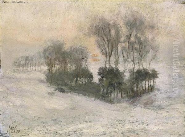Paysage De Neige Au Soleil Couchant (region De Rhode-saint-genese) Oil Painting by Willy Schlobach