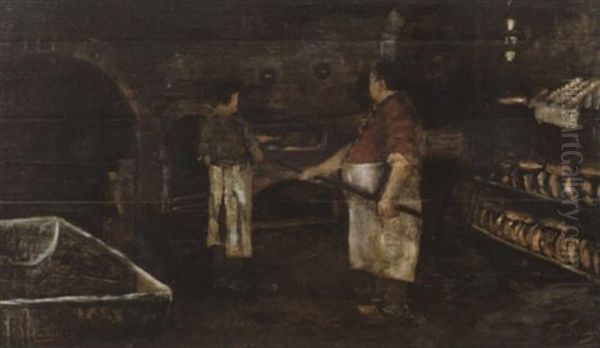 De Bakker Karel Lievens En Zoon Emile In De Bakkerij Te Knokke Oil Painting by Willy Schlobach
