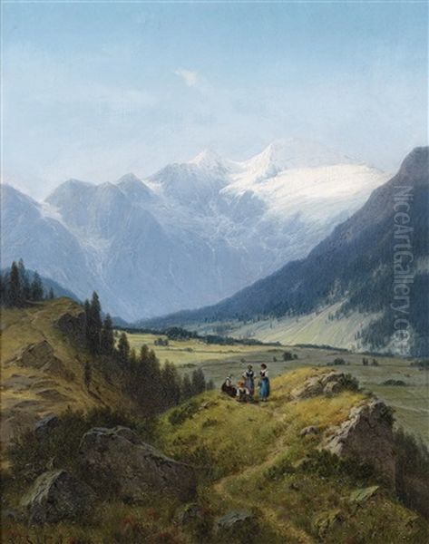 Blick Ins Hintere Ferleiten Thal Und Auf Das Fuscher Eiskaar Und Pfandl Oil Painting by Josef von Schloegl