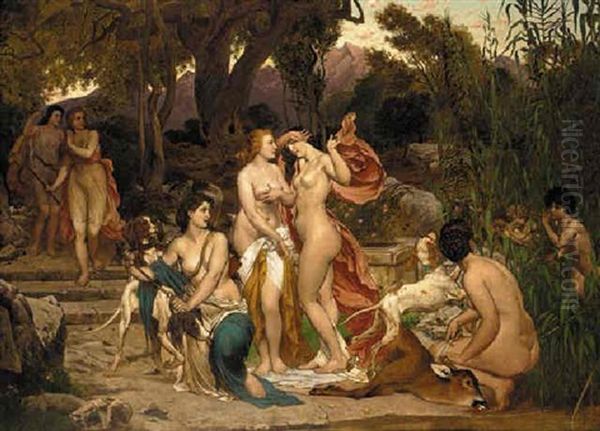 Diana And Her Nymphs Oil Painting by Hermann Julius Schloesser