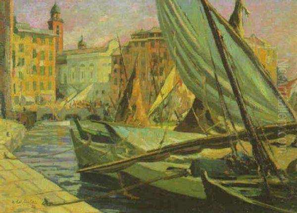 Fischerboote Im Hafen Oil Painting by August Schlueter