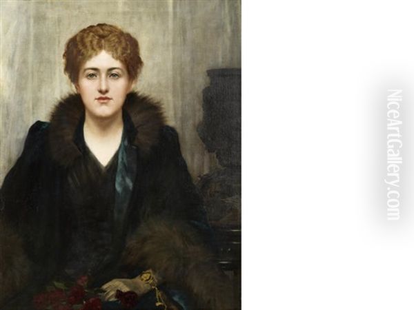 Portrait Of Julia Margaret (nee Wilson), Seated Half-length, In A Black Dress With Fur-trim Oil Painting by Herbert Gustav Schmalz