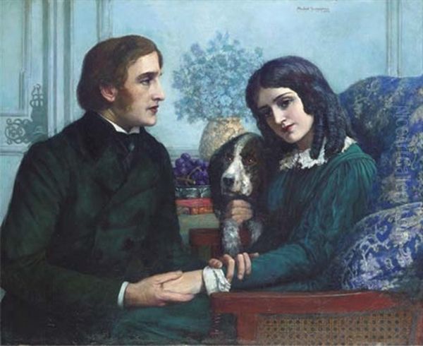 Robert Browning Visits Elizabeth Barret At 50 Wimpole Street Oil Painting by Herbert Gustav Schmalz