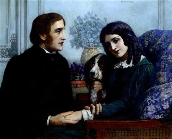 Robert Browning Visits Elizabeth Barrett At 50 Wimpole Street Oil Painting by Herbert Gustav Schmalz