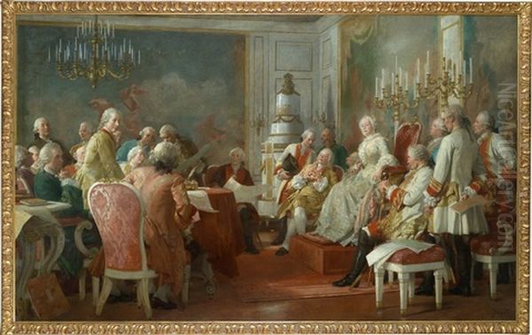 Kaiserin Maria Theresia Mit Kaiser Franz Stephan Und Dem Jungen Joseph Ii. Im Kreise Ihrer Berater Oil Painting by Julius Schmid