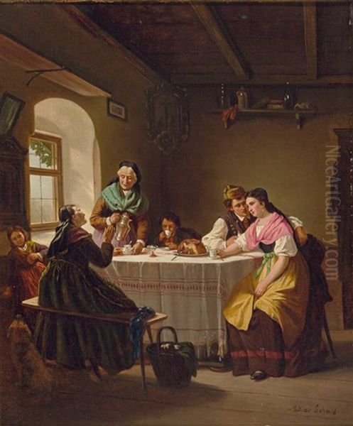 Landliche Verlobungsgesellschaft Am Kaffeetisch; Idylle In Der Guten Stube Oil Painting by Mathias Schmid
