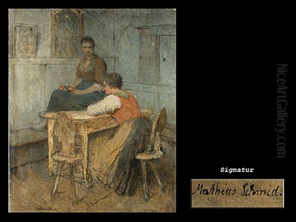 Zwei Madchen In Der Stube Oil Painting by Mathias Schmid