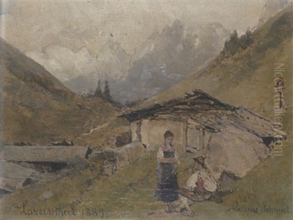 Dirndl Und Bub Auf Hochgebirgsalm Oil Painting by Mathias Schmid