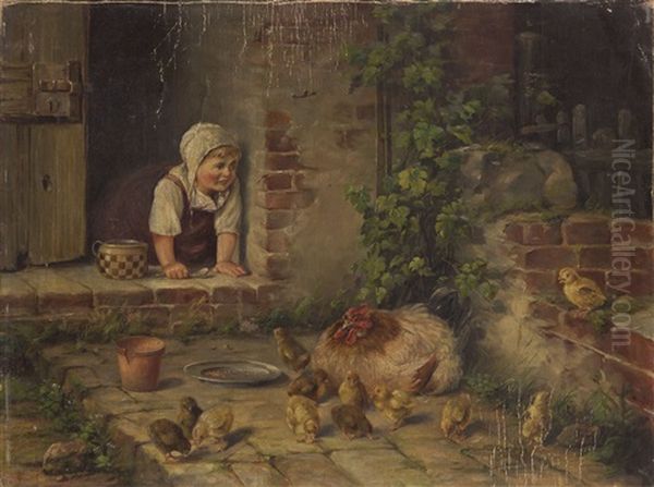 Girl Feeding Hens Oil Painting by Ferdynand Schmidt