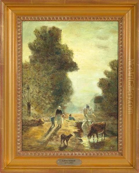 Farm Scene With Peasants And Cows Watering Oil Painting by Lillian Thomas Schmidt