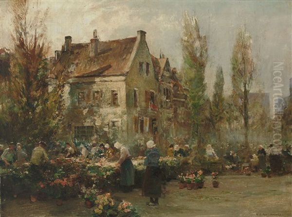 Hollandischer Blumenmarkt Vor Malerischer Hauserfassade Mit Sonnigem Lichteinfall Oil Painting by Hermann Schmidtmann