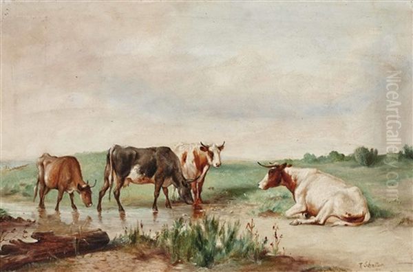 Kuhe An Der Tranke Oil Painting by Teuwart Schmitson