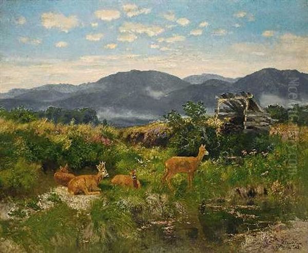 Rehe In Bluhender Moorlandschaft Oil Painting by Josef Schmitzberger