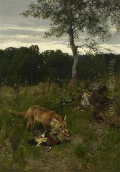 Fuchs Mit Beute Auf Der Waldlichtung Oil Painting by Josef Schmitzberger