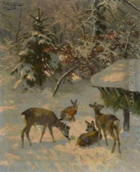 Rehe An Der Futterkrippe Im Winterwald Oil Painting by Josef Schmitzberger