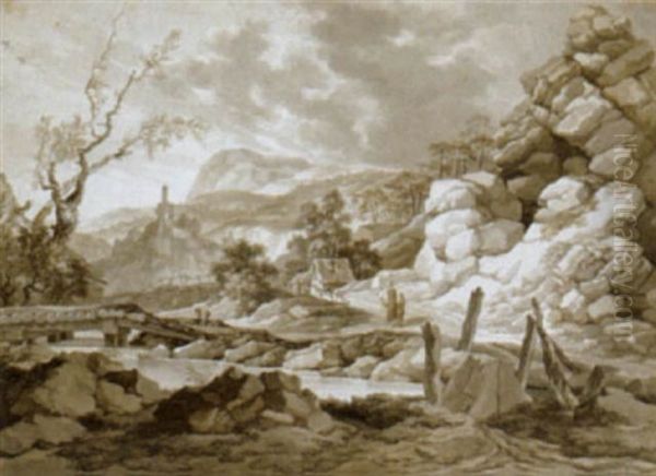 Felsige Bergige Landschaft Mit Flusquerung Und Wanderern Oil Painting by Jakob Matthias Ii Schmutzer