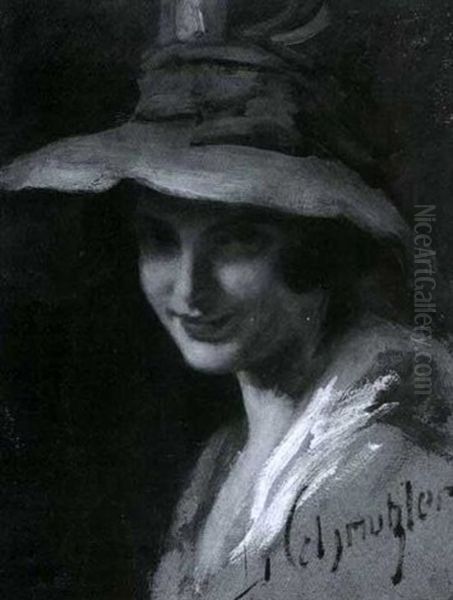 Portrait Einer Jungen Dame Mit Hut Oil Painting by Leopold Schmutzler